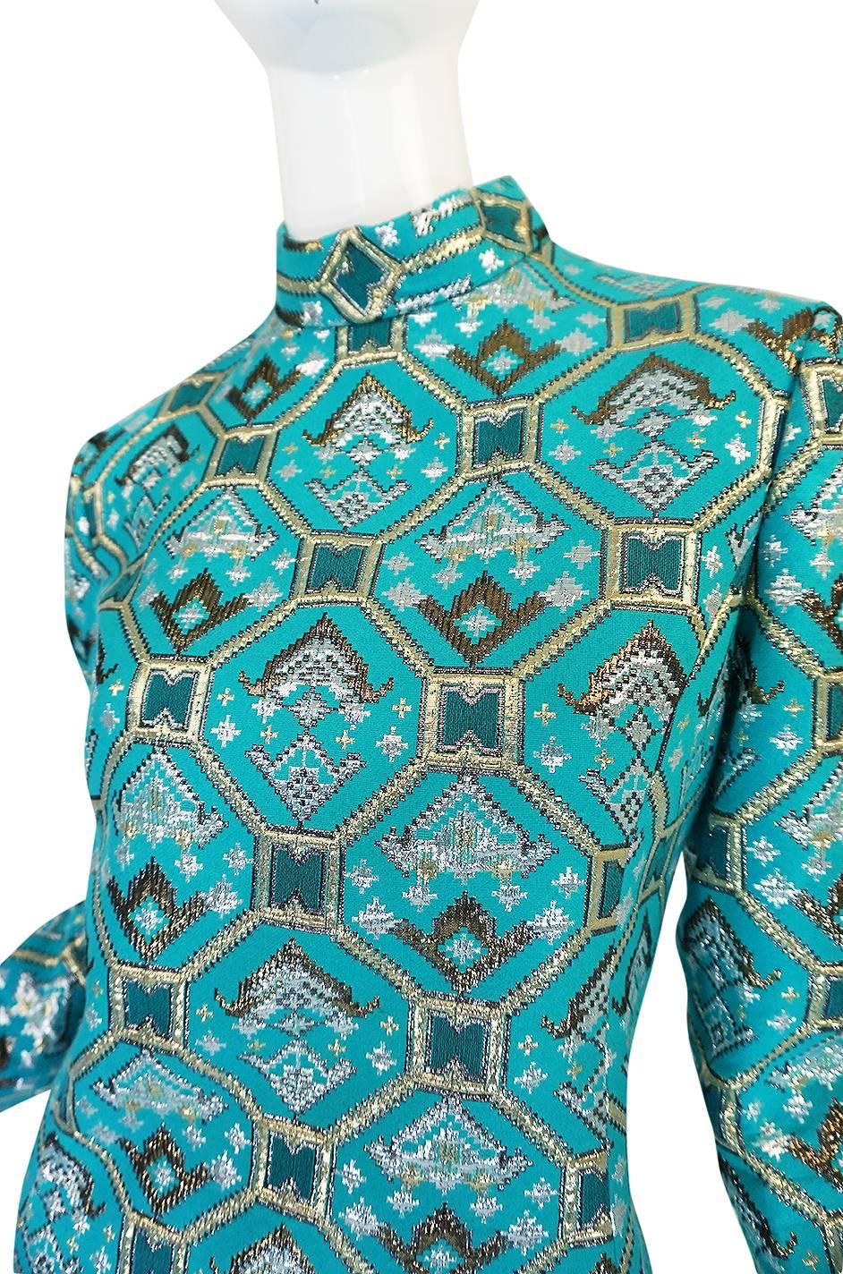 1970s Turquoise & Metallic Ikat Brocade Mollie Parnis Dress 1