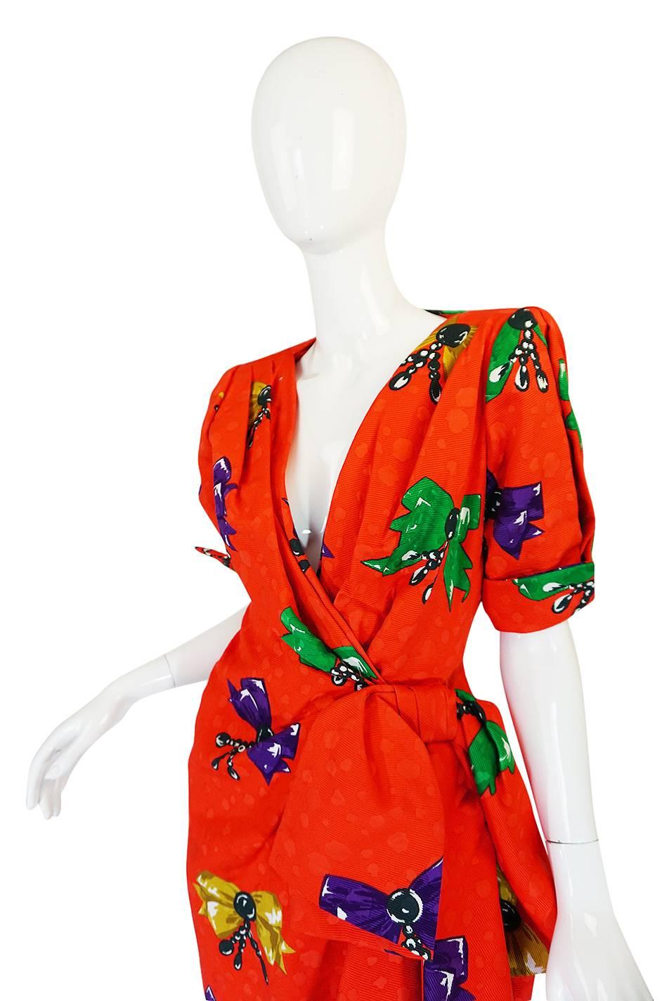 Women's 1980s Bow Print Odicini Couture Red Wrap Dress