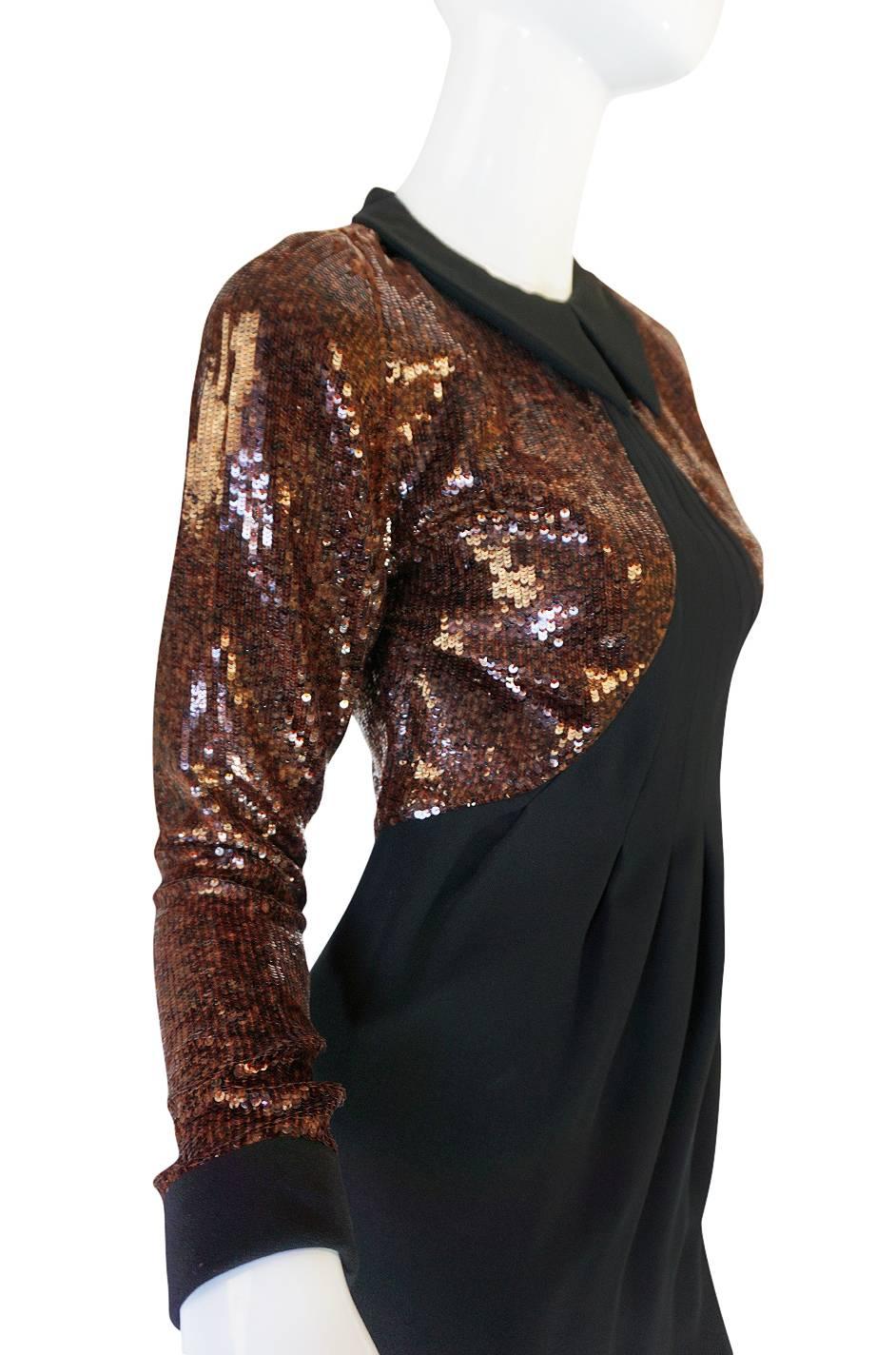 1980s Fine Geoffrey Beene Curved Sequin Fitted Dress 1