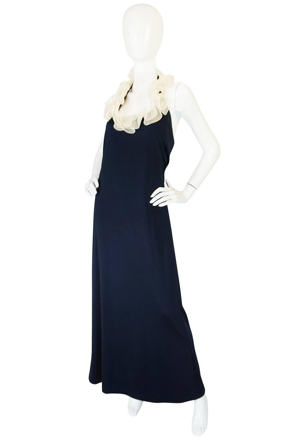 1960s Geoffrey Beene Boutique Navy Jersey Ruffle Dress In Excellent Condition In Rockwood, ON