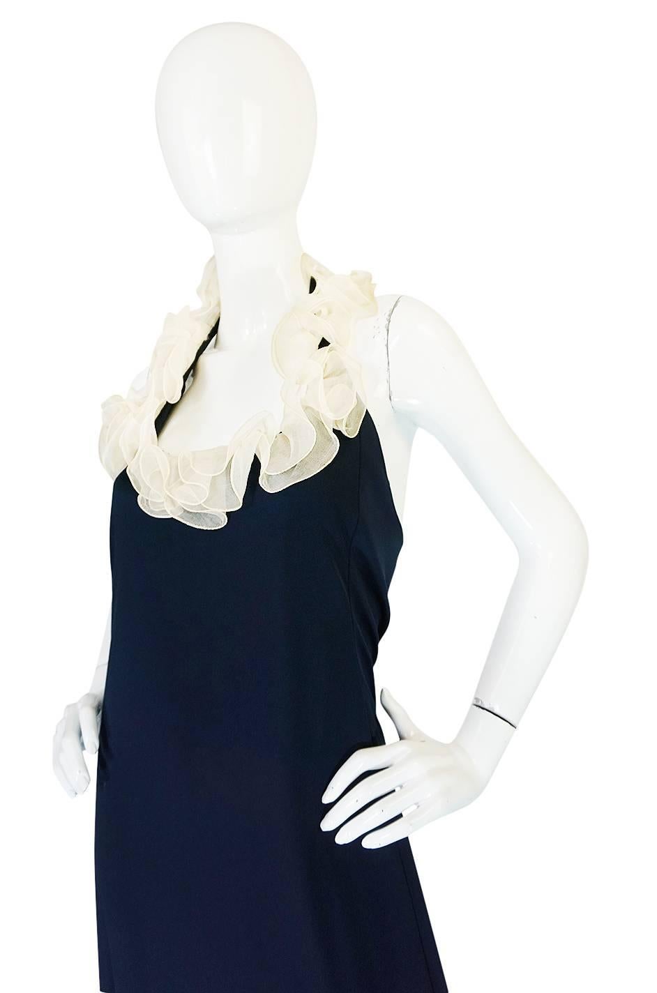 Women's or Men's 1960s Geoffrey Beene Boutique Navy Jersey Ruffle Dress