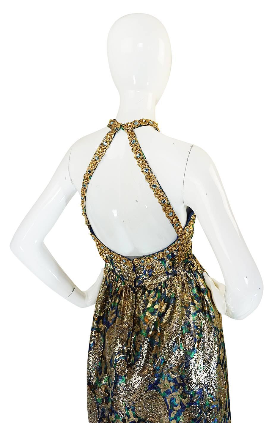 Amazing 1960s Backless Gold & Blue Metallic Dress In Excellent Condition In Rockwood, ON