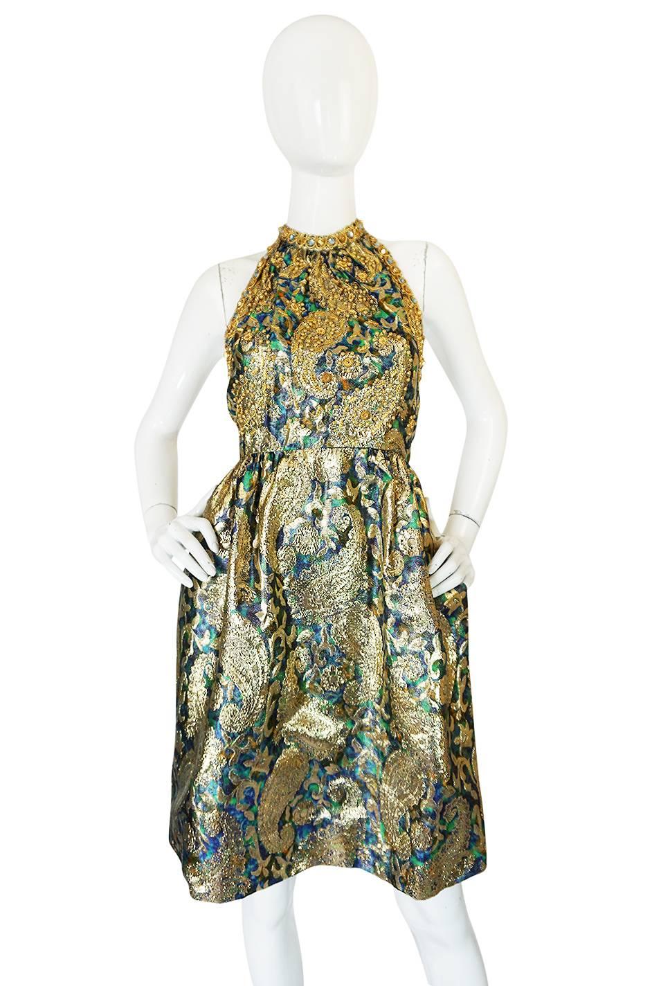 Beige Amazing 1960s Backless Gold & Blue Metallic Dress