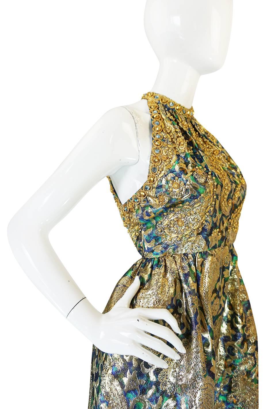 Amazing 1960s Backless Gold & Blue Metallic Dress 1
