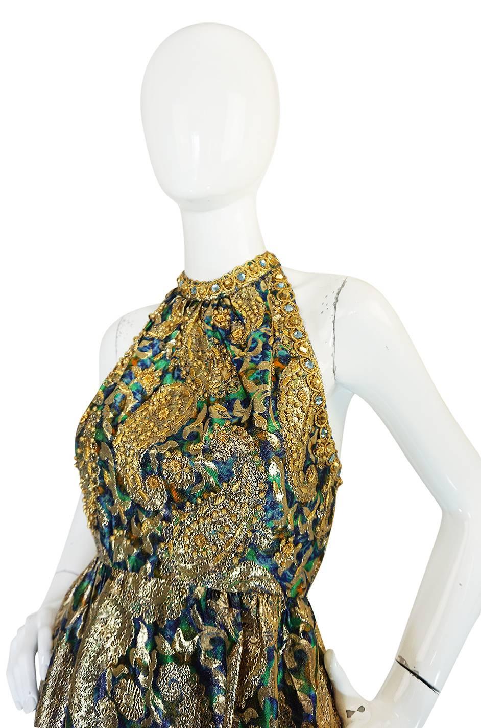 Women's Amazing 1960s Backless Gold & Blue Metallic Dress