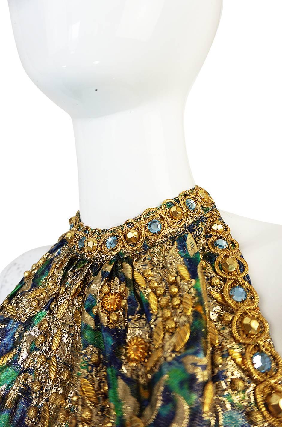 Amazing 1960s Backless Gold & Blue Metallic Dress 2