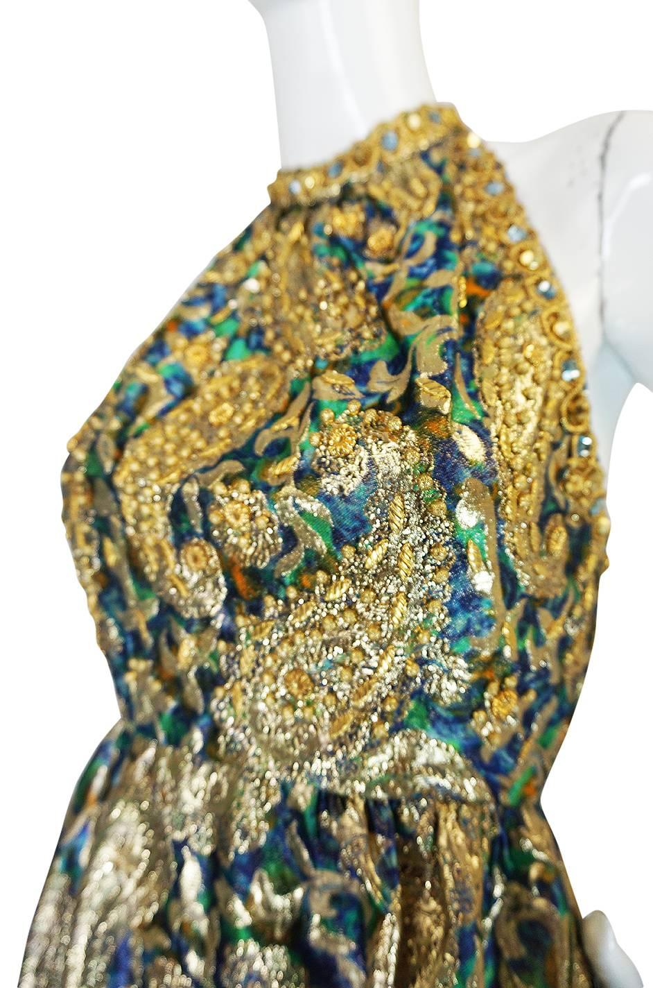 Amazing 1960s Backless Gold & Blue Metallic Dress 3