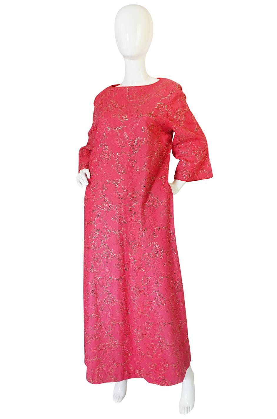 Red 1960s Hand Embroidered B. Cohen Pink Caftan Dress