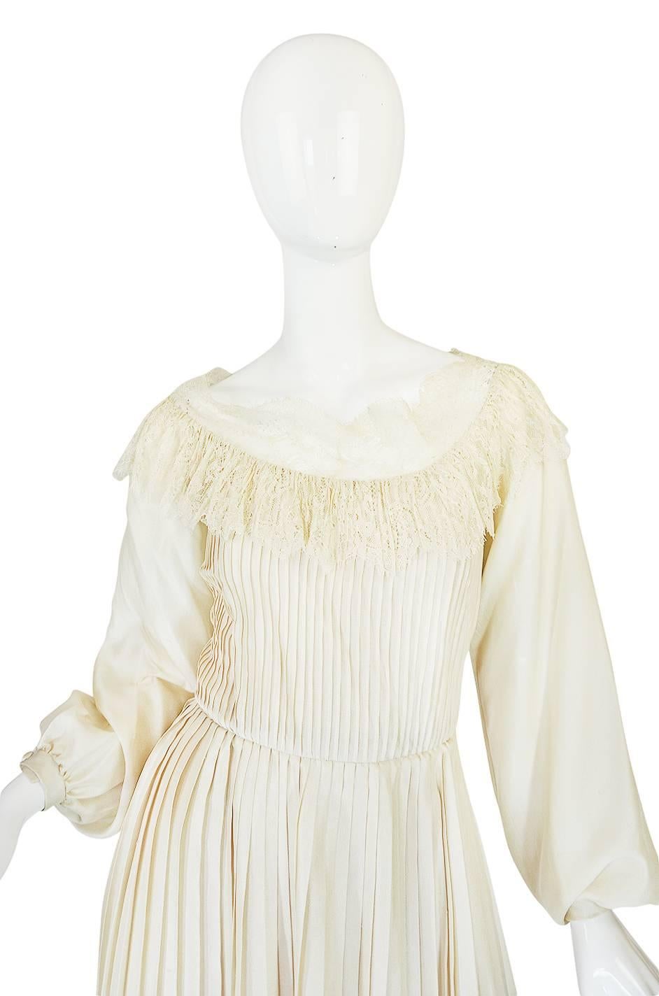 Beige 1960s Andre Laug Couture Pleated Cream Silk Dress