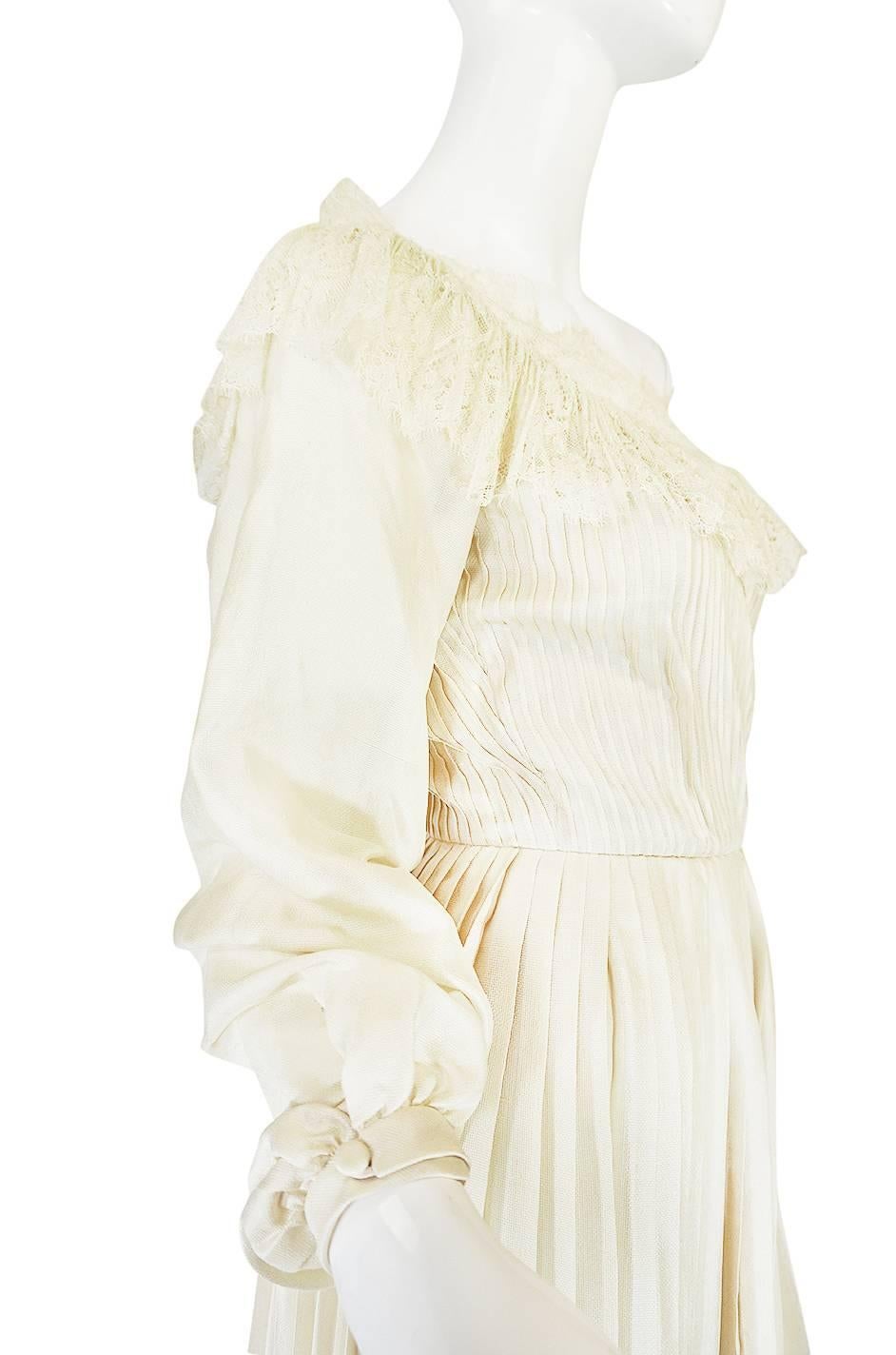 Women's or Men's 1960s Andre Laug Couture Pleated Cream Silk Dress