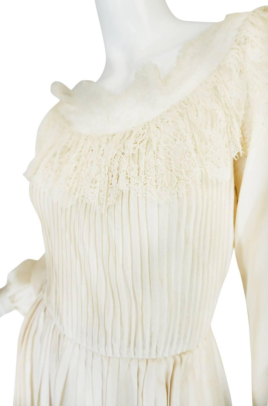 1960s Andre Laug Couture Pleated Cream Silk Dress 1