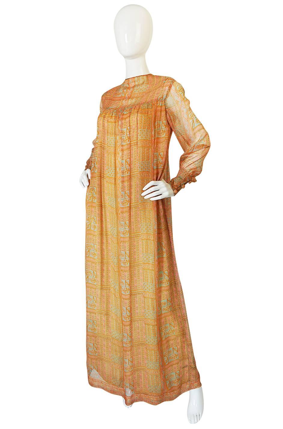 Orange 1970s Treacy Lowe Peach Print Silk Chiffon Caftan Dress