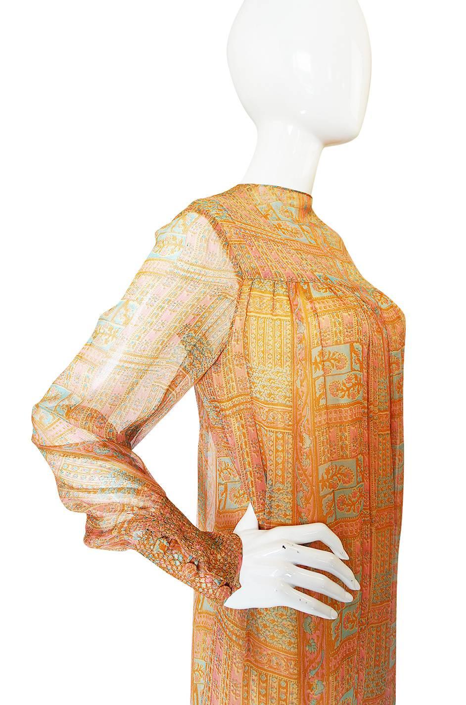 1970s Treacy Lowe Peach Print Silk Chiffon Caftan Dress 1