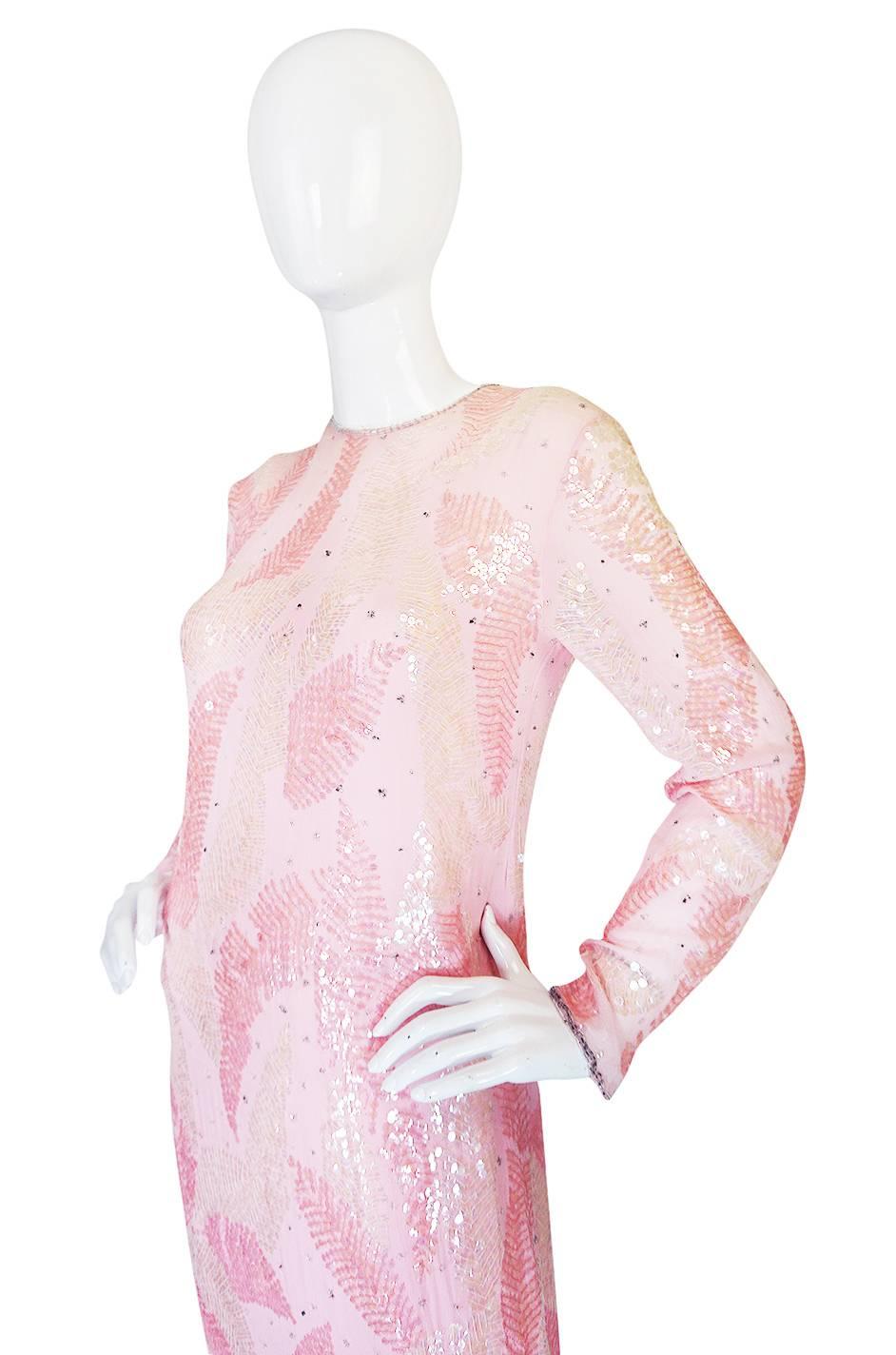 Beige 1970s Sequin Covered Pink Silk Chiffon Halston Dress
