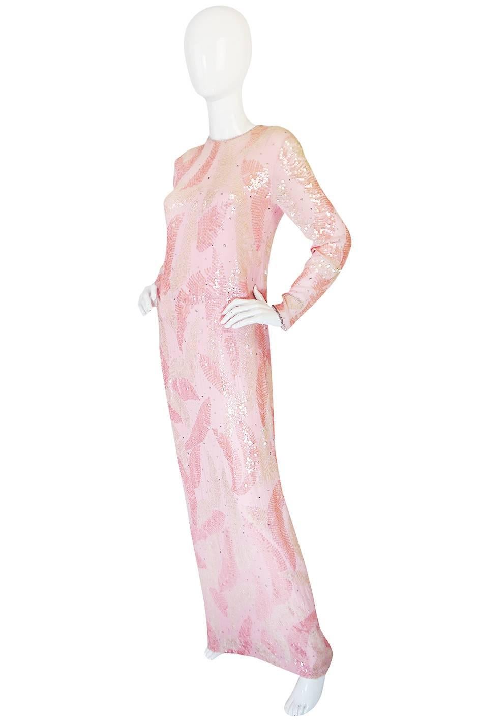 1970s Sequin Covered Pink Silk Chiffon Halston Dress In Good Condition In Rockwood, ON
