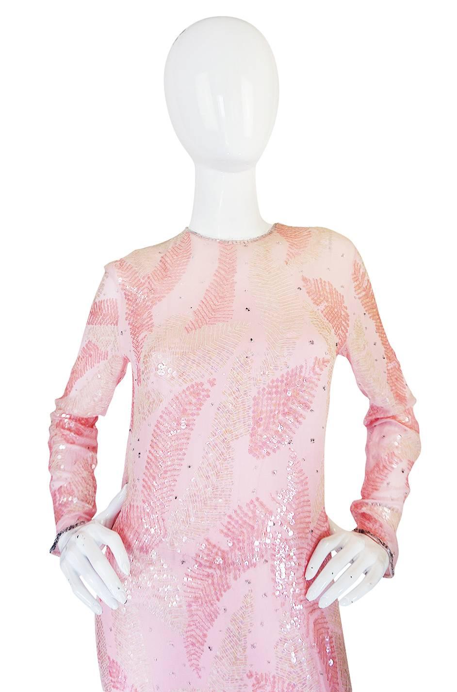 Women's 1970s Sequin Covered Pink Silk Chiffon Halston Dress