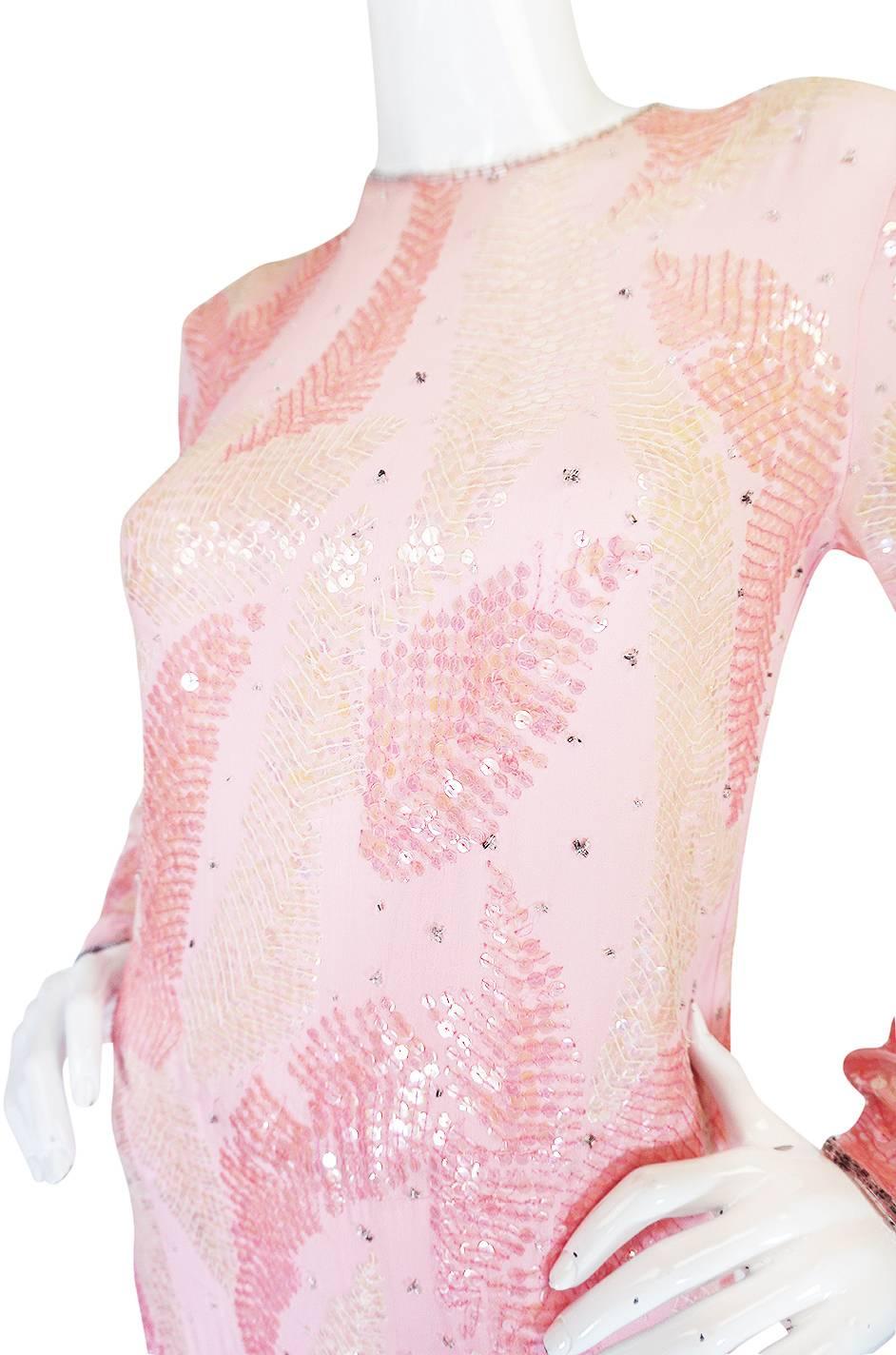 1970s Sequin Covered Pink Silk Chiffon Halston Dress 1