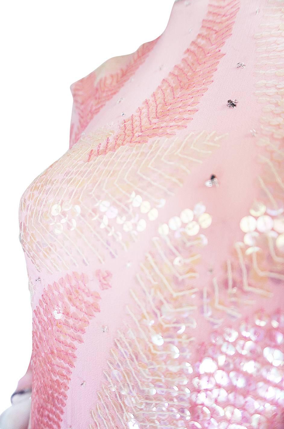 1970s Sequin Covered Pink Silk Chiffon Halston Dress 4