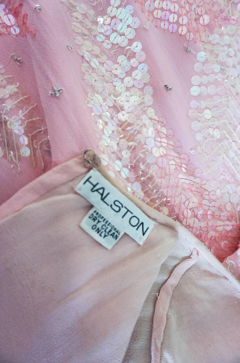 1970s Sequin Covered Pink Silk Chiffon Halston Dress 5