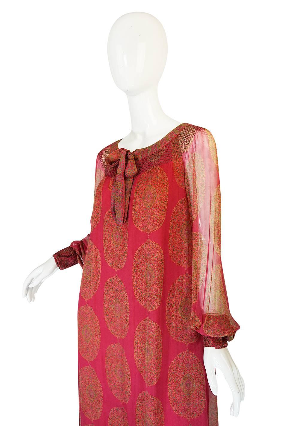 1970s Jeweled Hued Printed Silk Treacy Lowe Caftan Dress In Excellent Condition In Rockwood, ON