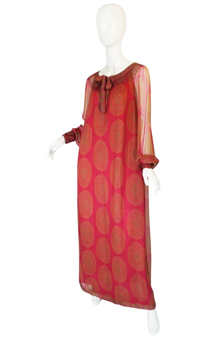 Red 1970s Jeweled Hued Printed Silk Treacy Lowe Caftan Dress