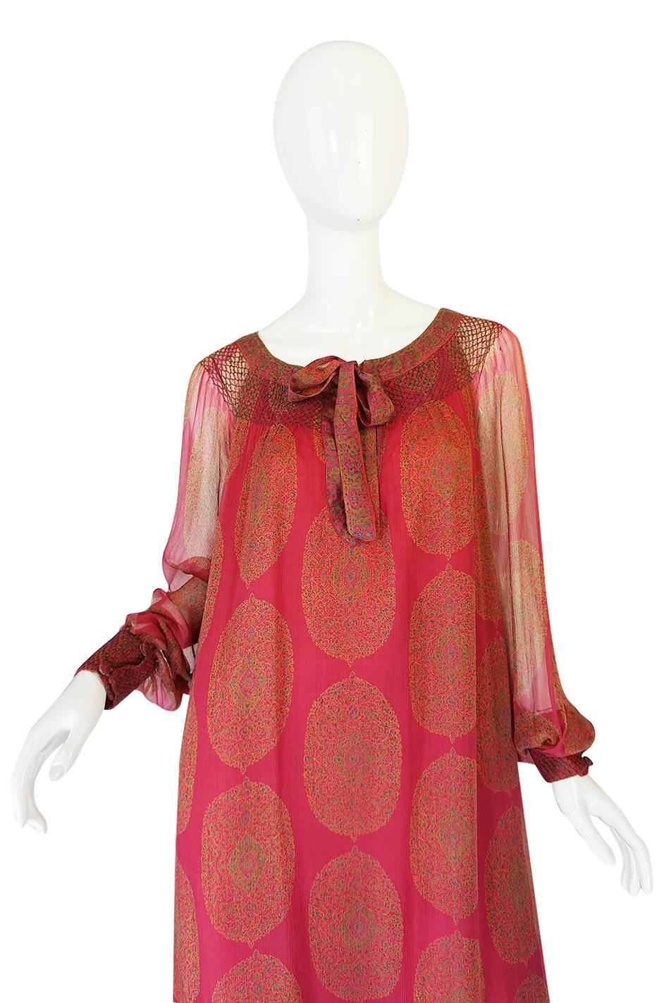 Women's 1970s Jeweled Hued Printed Silk Treacy Lowe Caftan Dress