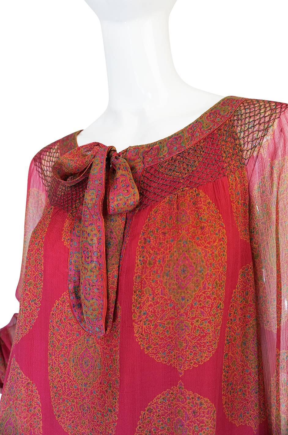 1970s Jeweled Hued Printed Silk Treacy Lowe Caftan Dress 2