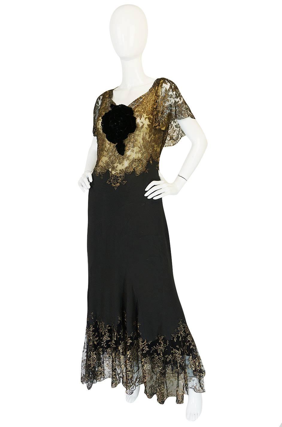Black Amazing 1920s Couture Level Gold Metal Lace & Silk Dress