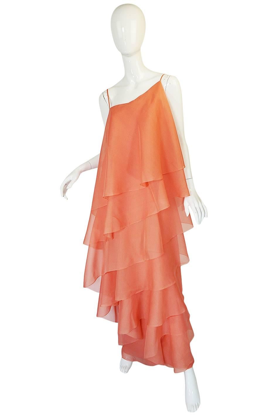 Orange 1980-82 Peach Silk Organza Ruffled Halston Spiral Gown