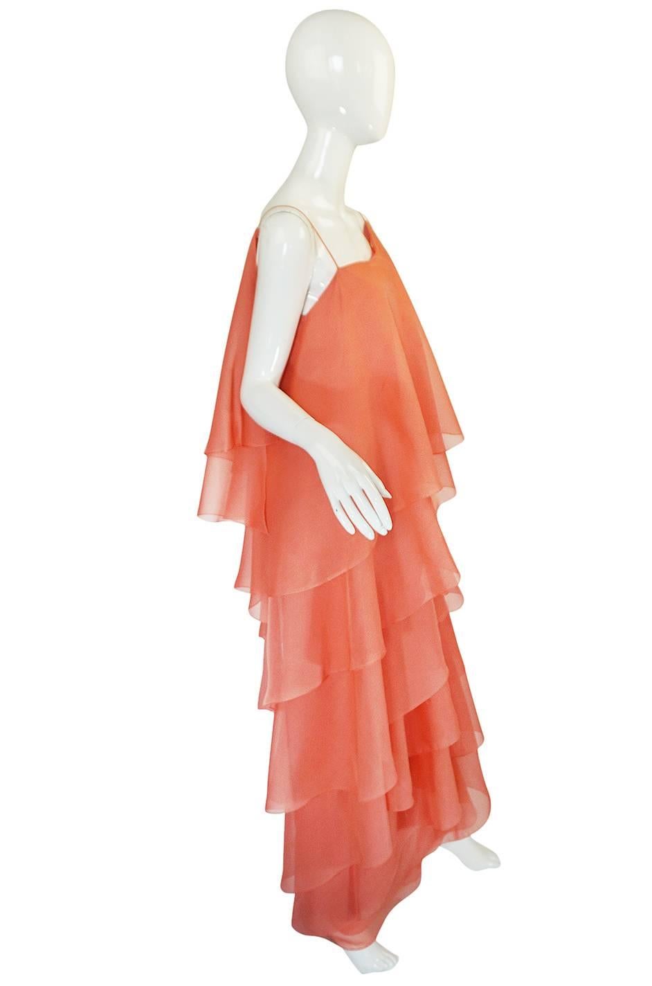 1980-82 Peach Silk Organza Ruffled Halston Spiral Gown In Excellent Condition In Rockwood, ON