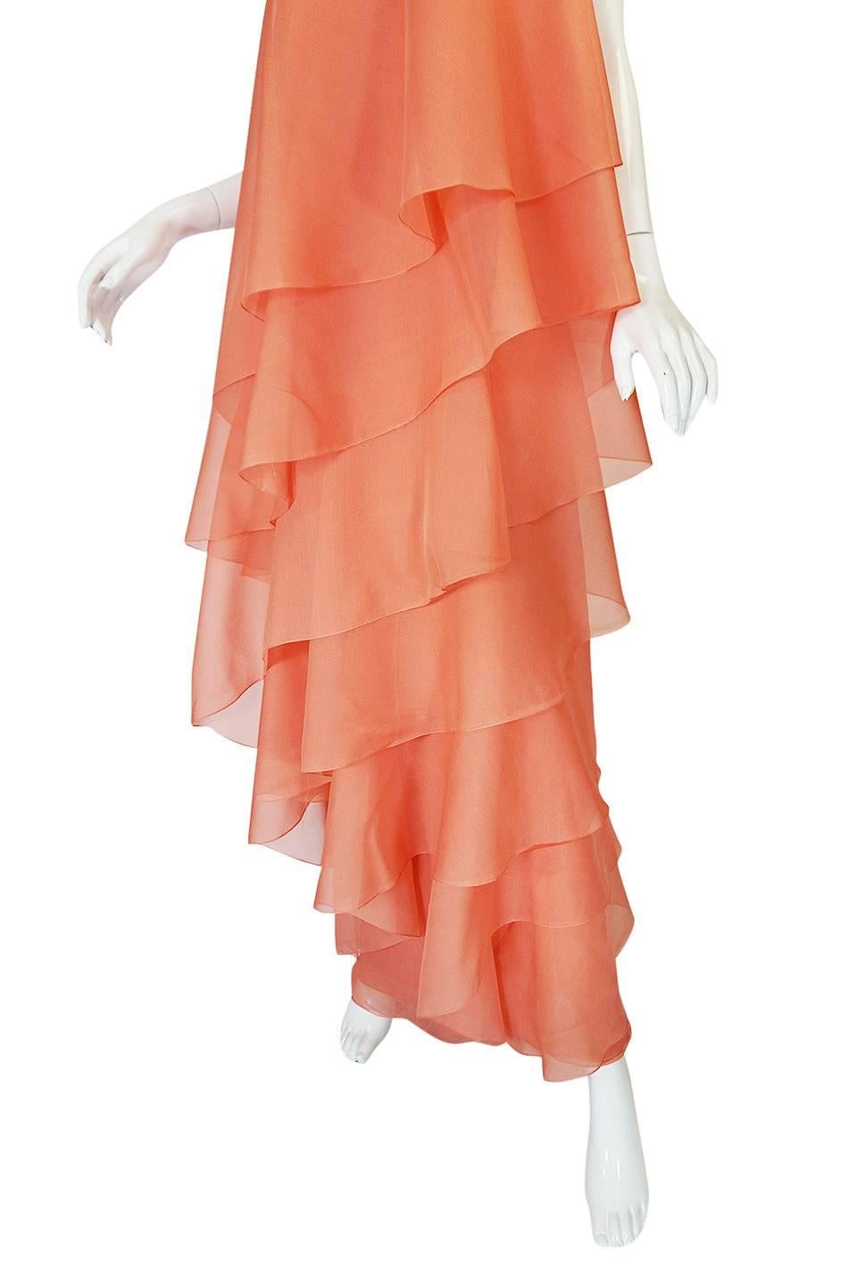 Women's 1980-82 Peach Silk Organza Ruffled Halston Spiral Gown