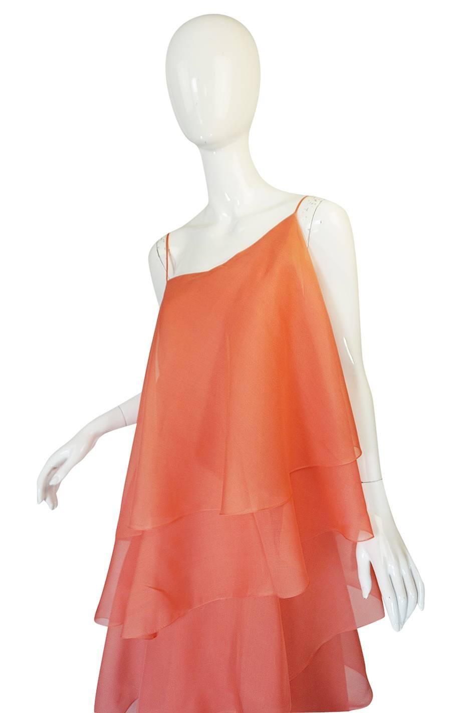 1980-82 Peach Silk Organza Ruffled Halston Spiral Gown 1