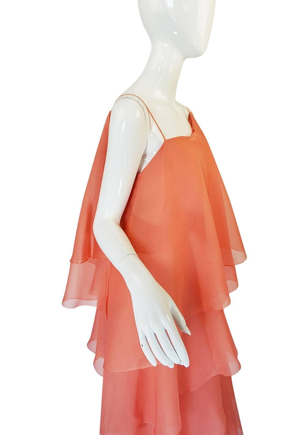 1980-82 Peach Silk Organza Ruffled Halston Spiral Gown 2