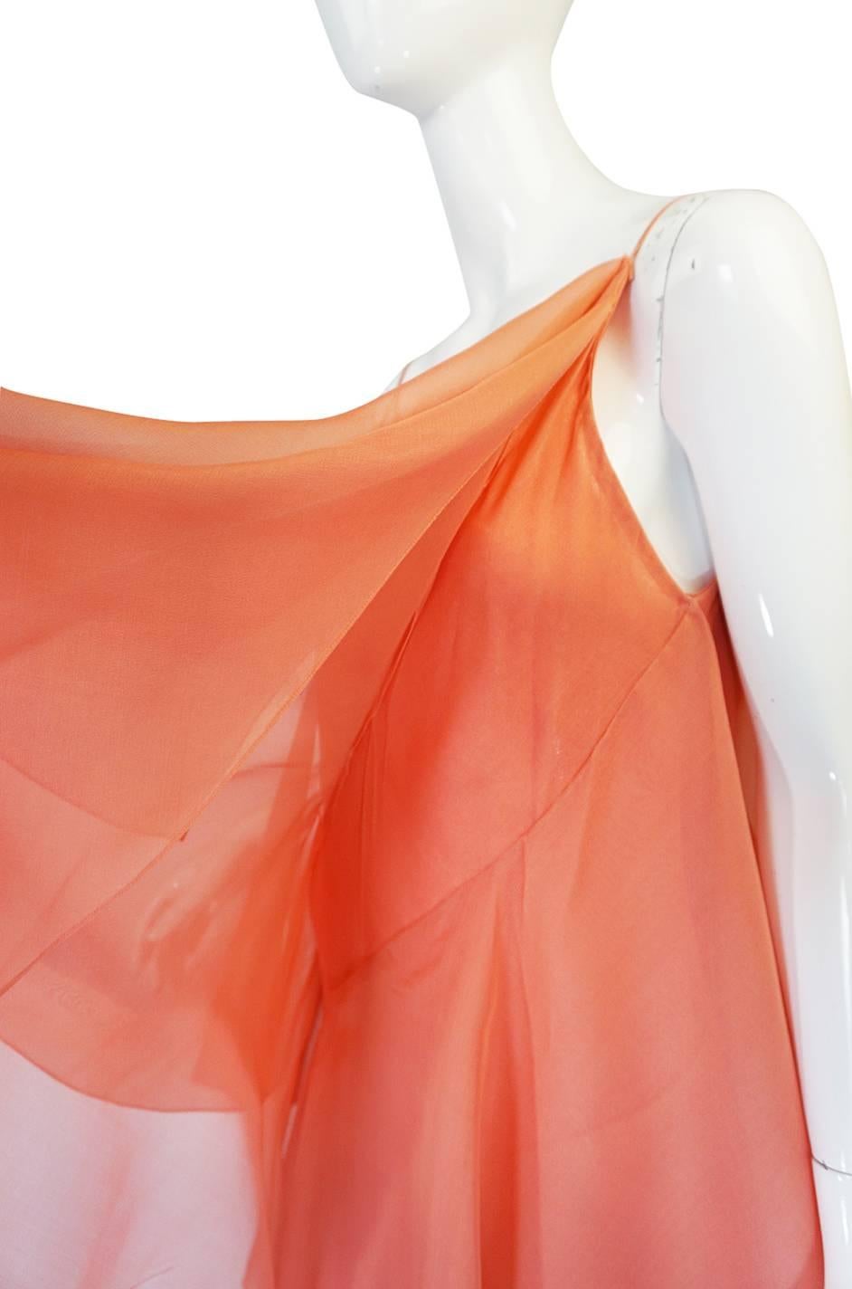 1980-82 Peach Silk Organza Ruffled Halston Spiral Gown 3