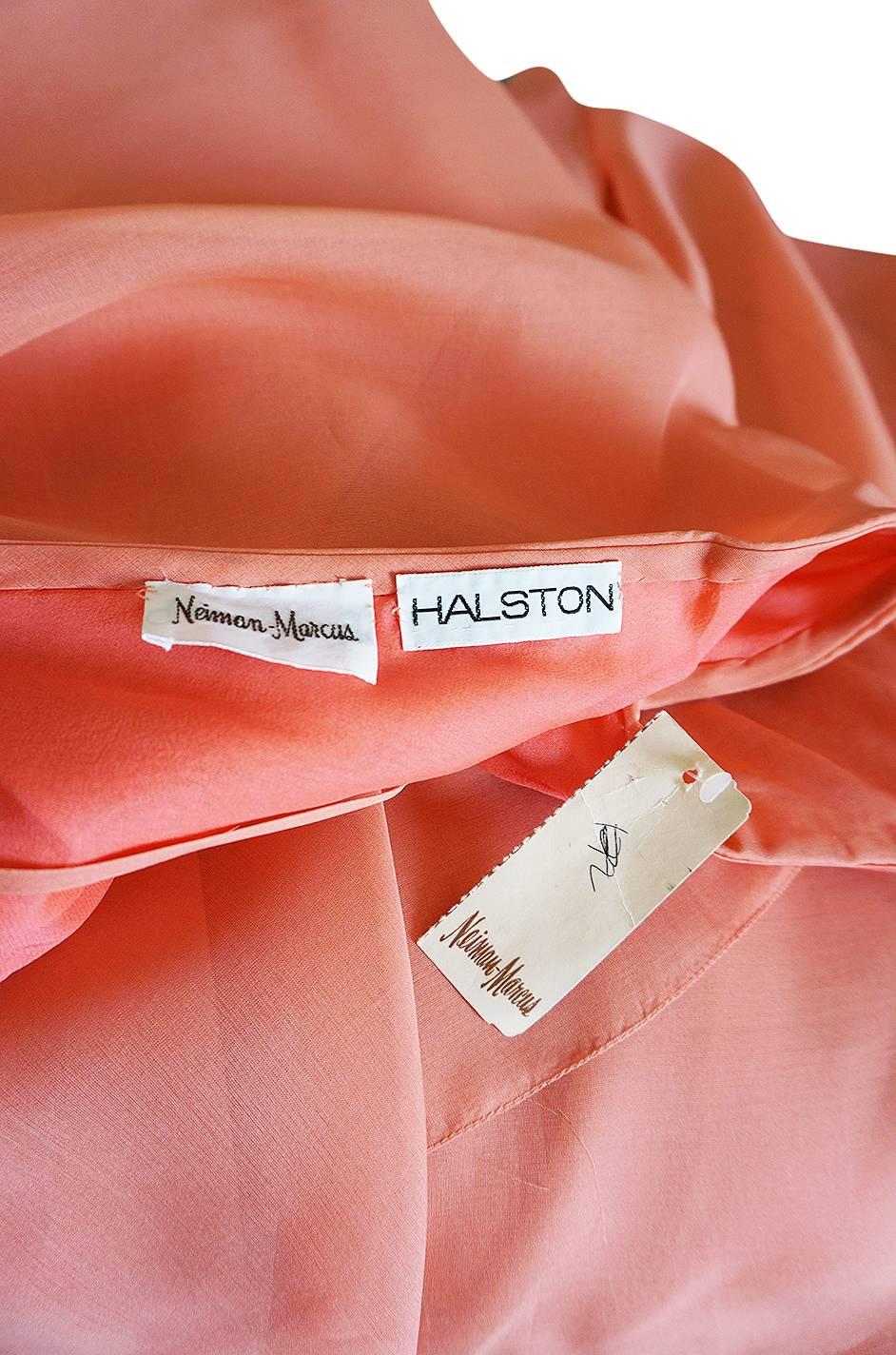 1980-82 Peach Silk Organza Ruffled Halston Spiral Gown 4