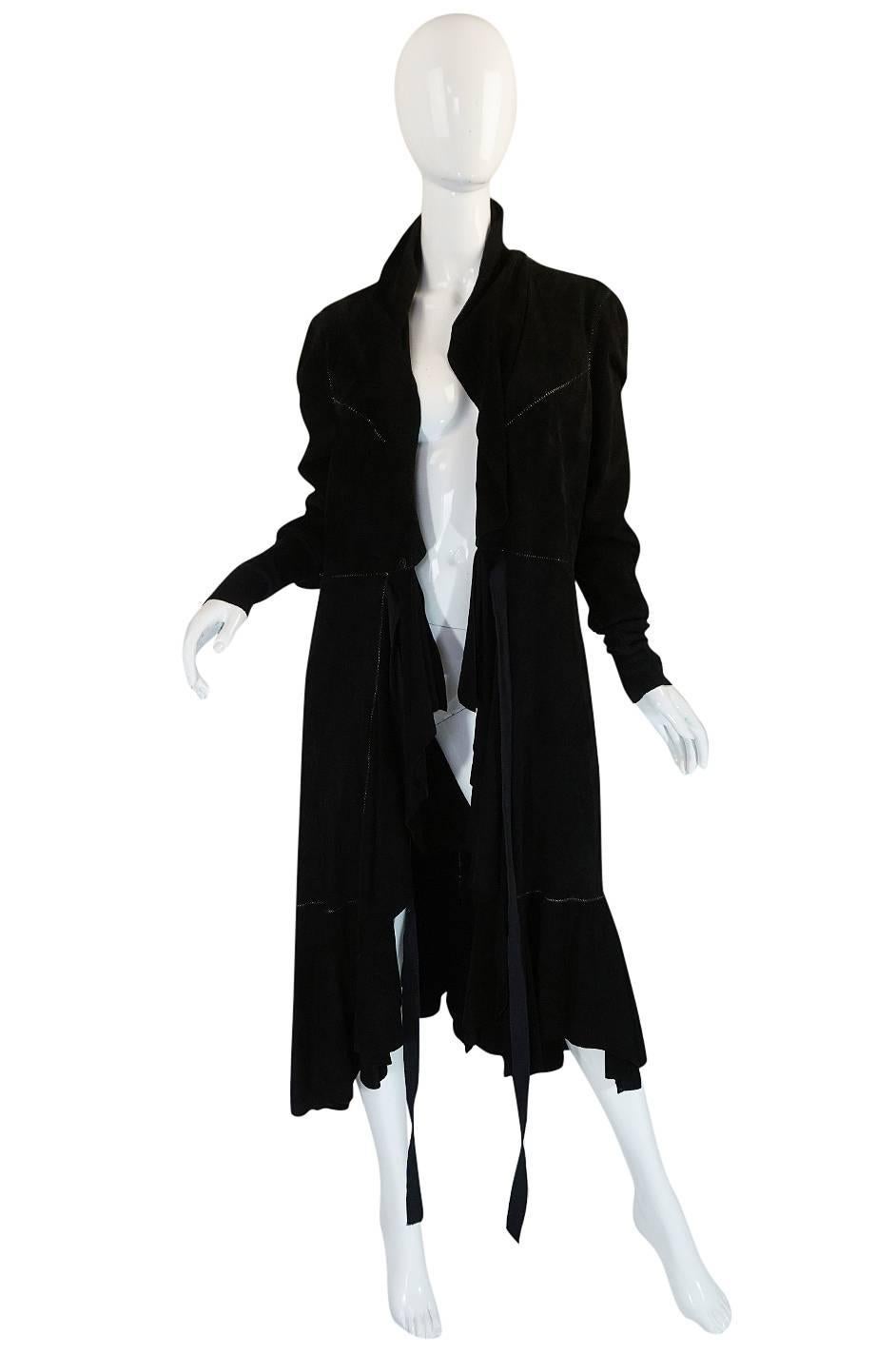 1990s Christian Lacroix Butter Soft Black Suede Wrap Coat In Excellent Condition In Rockwood, ON