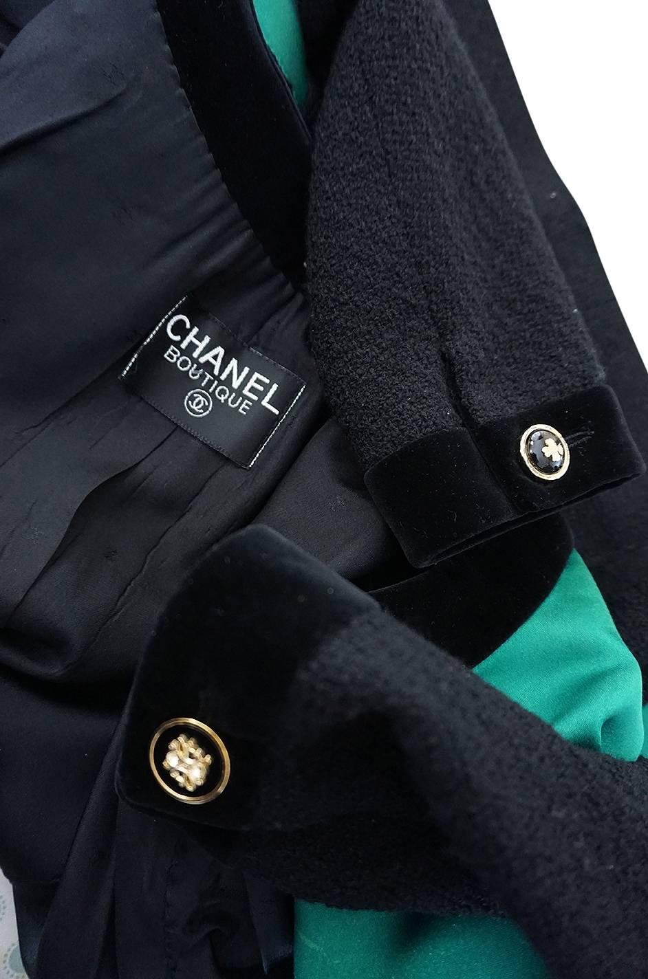 1980s Chanel Emerald Green Silk Satin Front Black Jacket 1