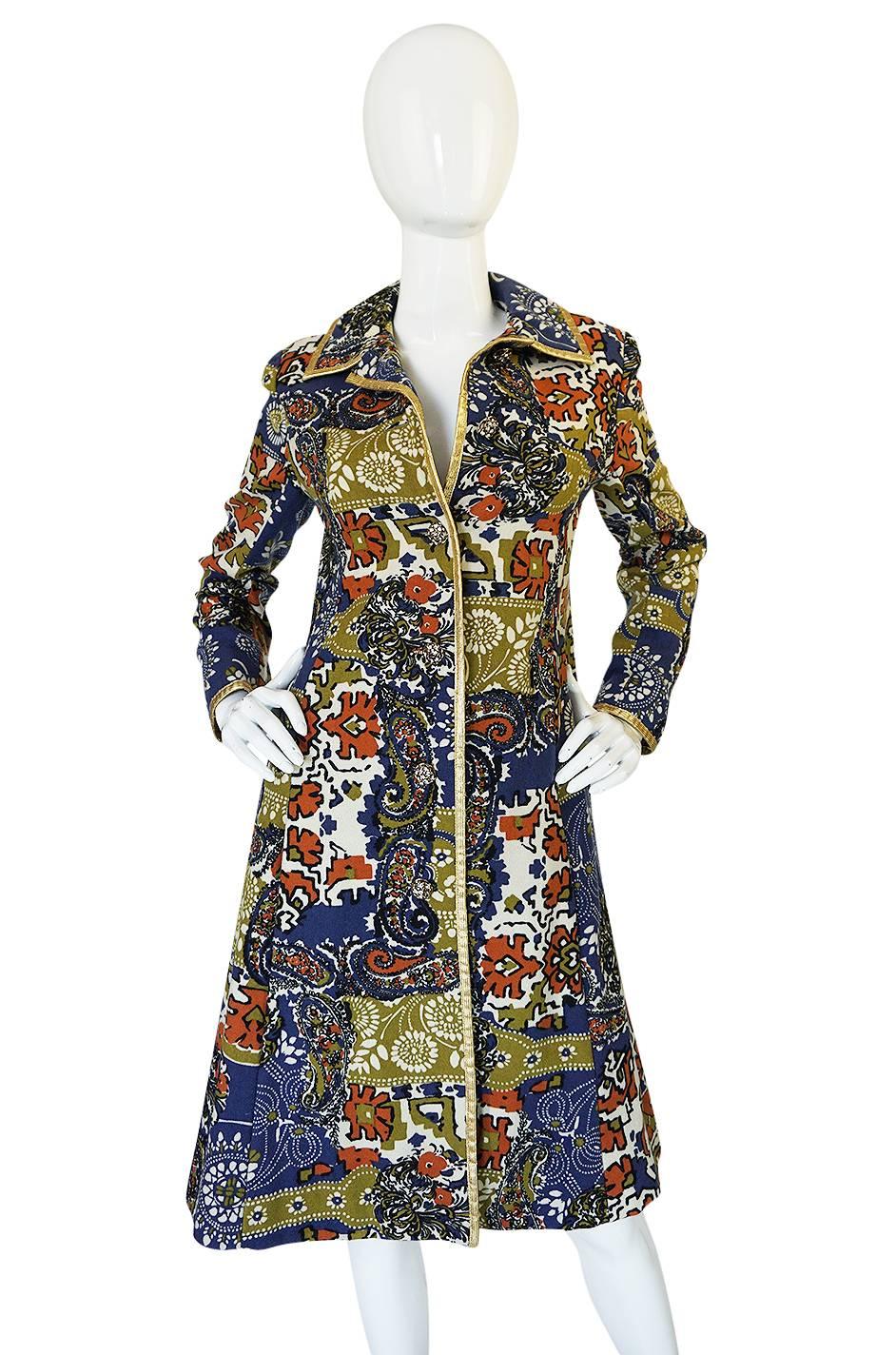 1960s Gold Trimmed Felted Wool Print Malcolm Starr Coat In Excellent Condition In Rockwood, ON
