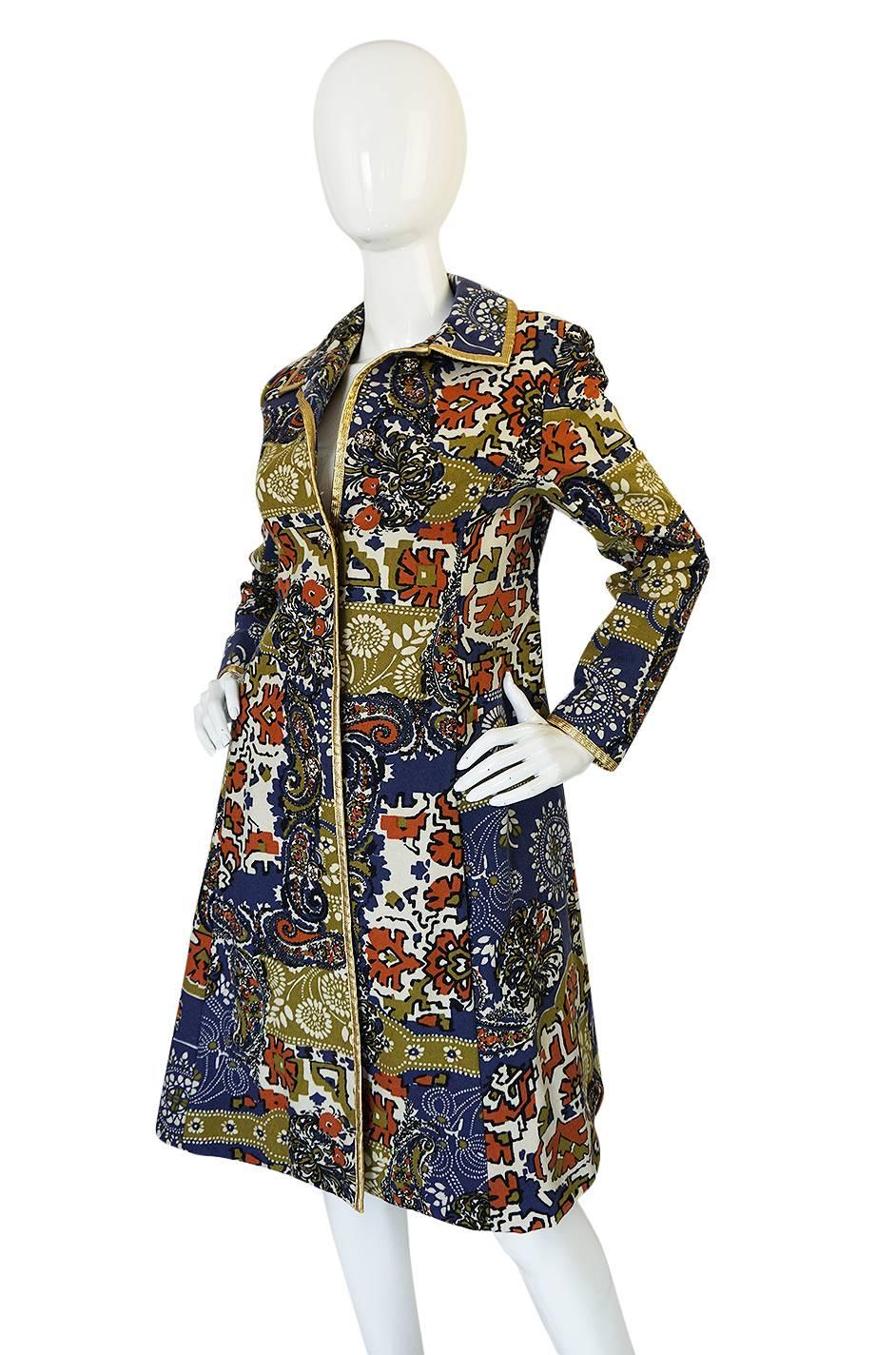 Women's 1960s Gold Trimmed Felted Wool Print Malcolm Starr Coat
