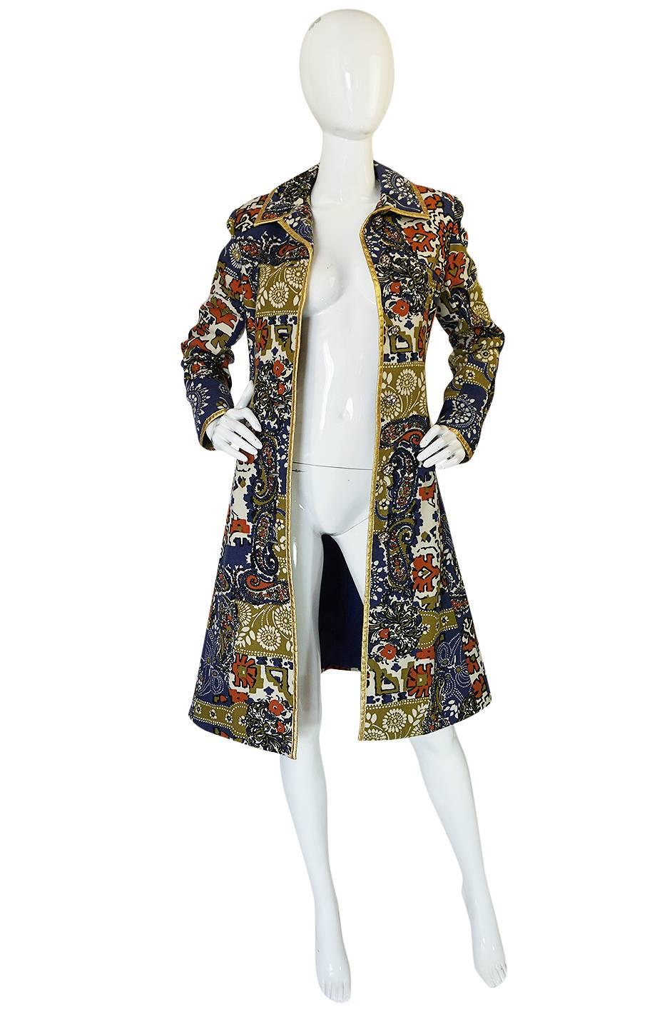 Black 1960s Gold Trimmed Felted Wool Print Malcolm Starr Coat