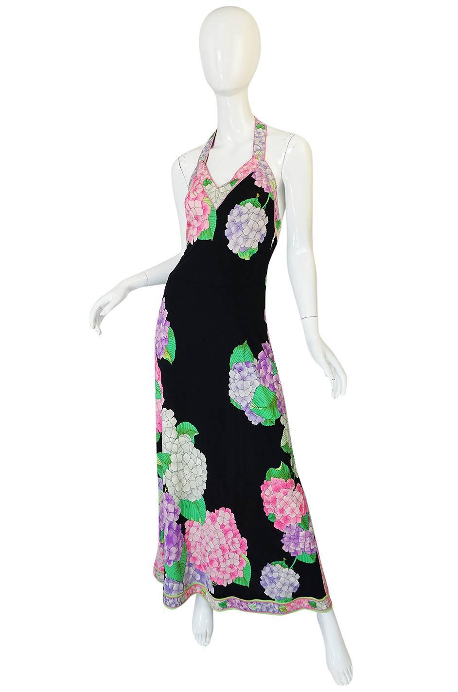 Black Gorgeous 1970s Silk Jersey Floral Print Leonard Halter Dress