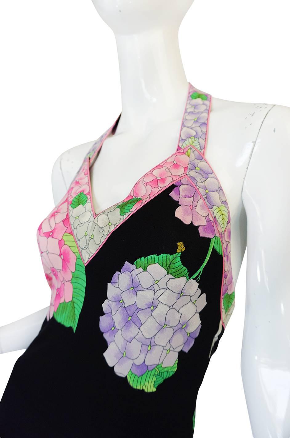 Gorgeous 1970s Silk Jersey Floral Print Leonard Halter Dress 1