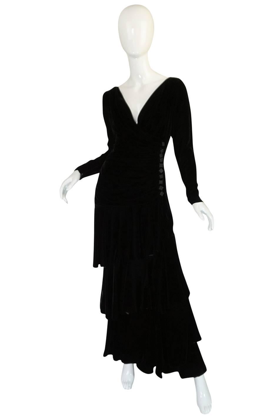 1970s Demi-Couture Black Velvet Tiered Lanvin Dress In Excellent Condition In Rockwood, ON