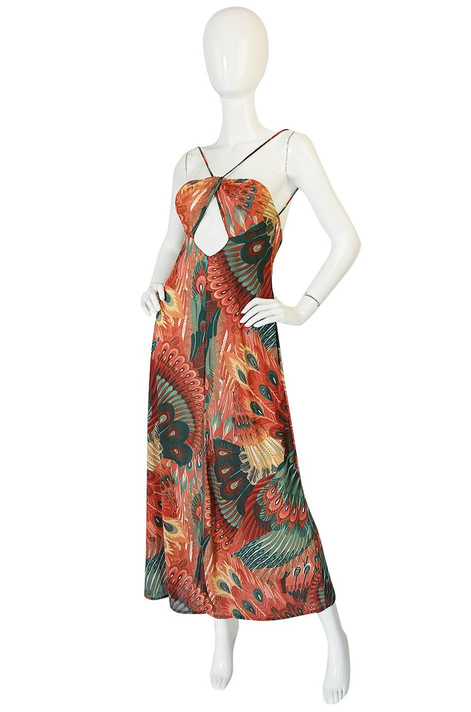 Brown John Kloss Feather Printed Front Cut Out Dress, 1970s 