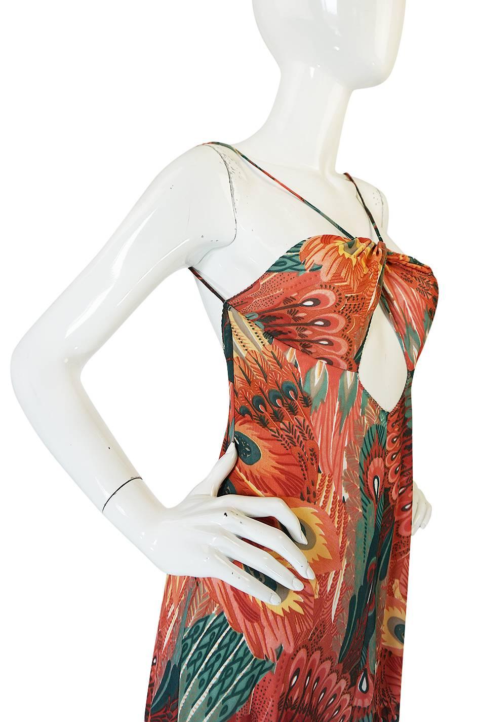 John Kloss Feather Printed Front Cut Out Dress, 1970s  In Excellent Condition In Rockwood, ON