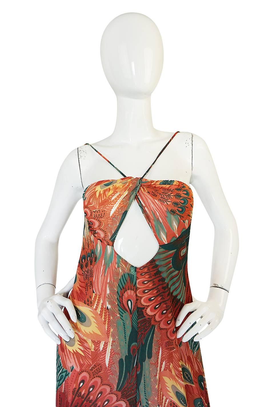 Women's John Kloss Feather Printed Front Cut Out Dress, 1970s 