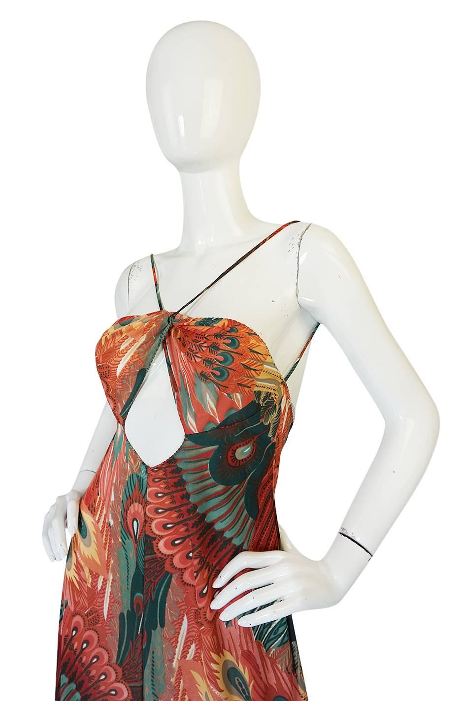 John Kloss Feather Printed Front Cut Out Dress, 1970s  1