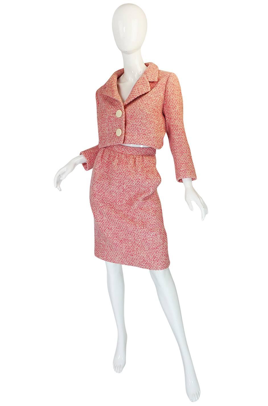 Brown c1963-65 Norman Norell Pink Boucle Cropped Jacket Suit