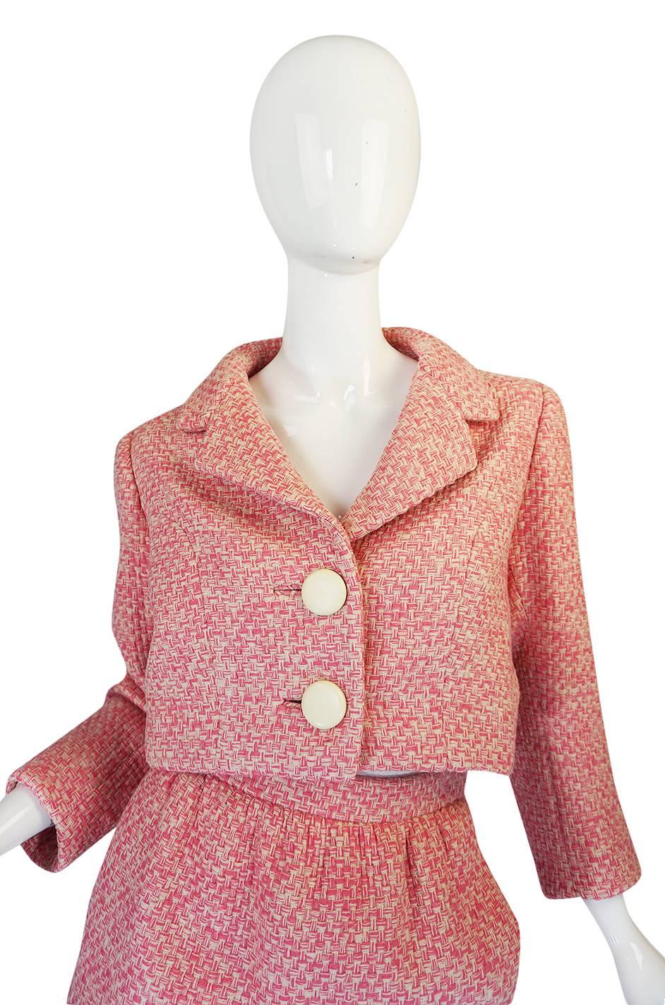 Women's c1963-65 Norman Norell Pink Boucle Cropped Jacket Suit