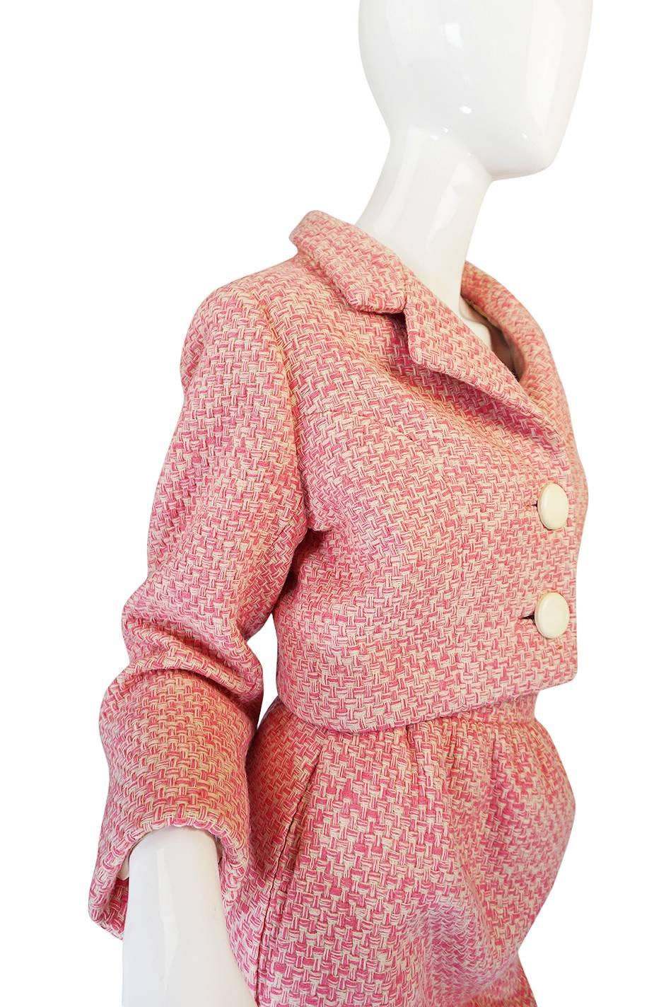 c1963-65 Norman Norell Pink Boucle Cropped Jacket Suit 1